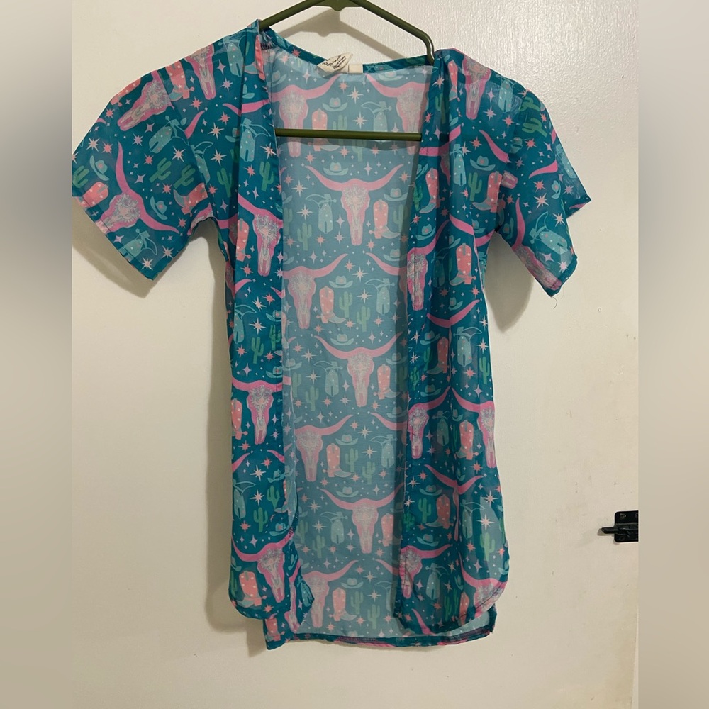 Little girls Teal & Pink Western Print Open Front kimono